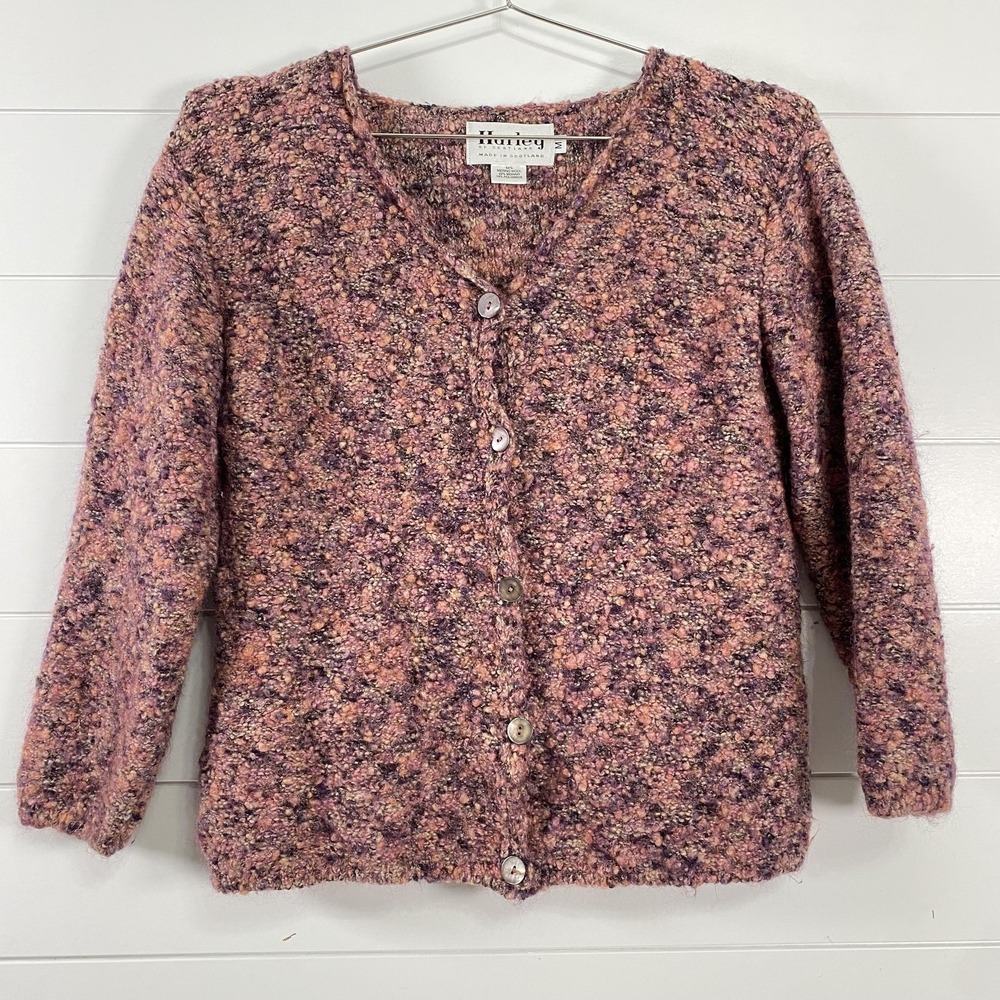 Harley Of Scotland Sweater Womens Medium Pink Purple Boucle Mohair Wool Cardigan